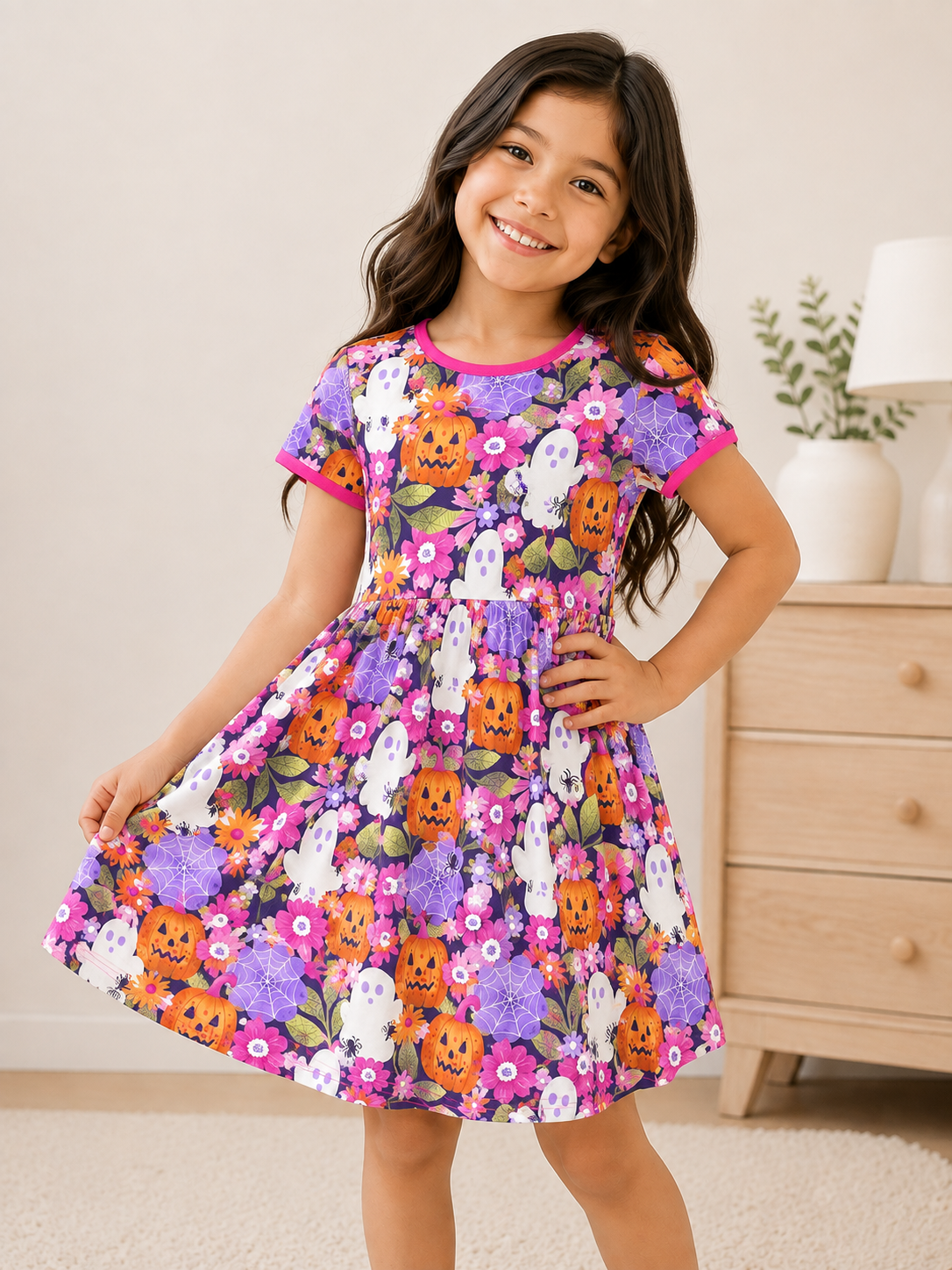 Girls Halloween Dress | Pumpkin Garden Bamboo Twirl – Joey Bamboo
