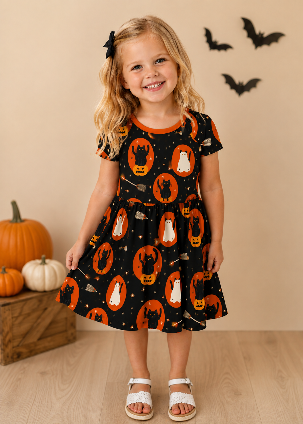 Baby in Halloween bamboo pajamas lying on a pumpkin-print swaddle blanket for a first Halloween photo