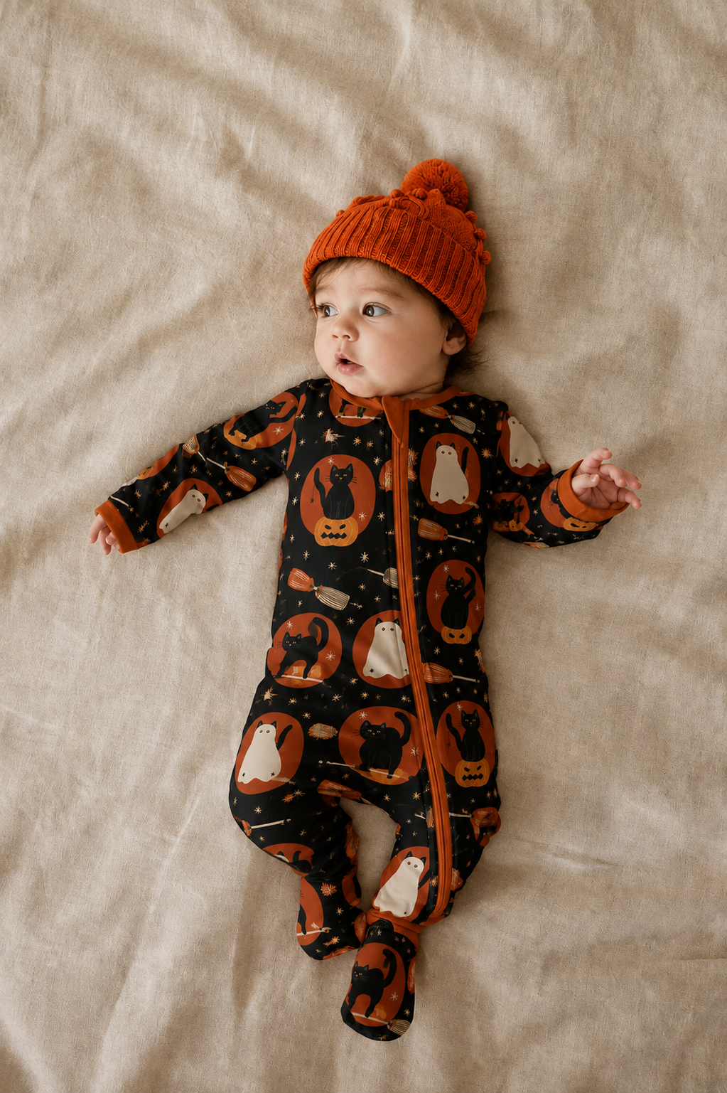 Spooky Cat bamboo zippy footie romper for babies - black cats and pumpkins on midnight black