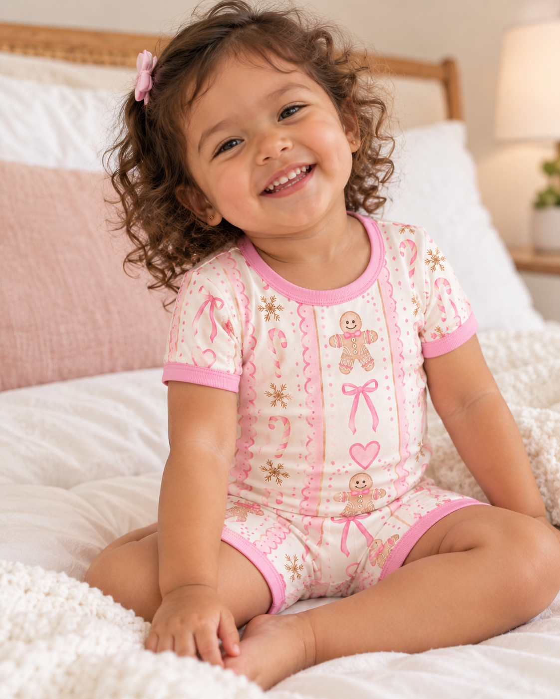 Smiling toddler sitting on a bed in Pink Gingerbread short sleeve bamboo pajamas with gingerbread men, bows and pink trim.