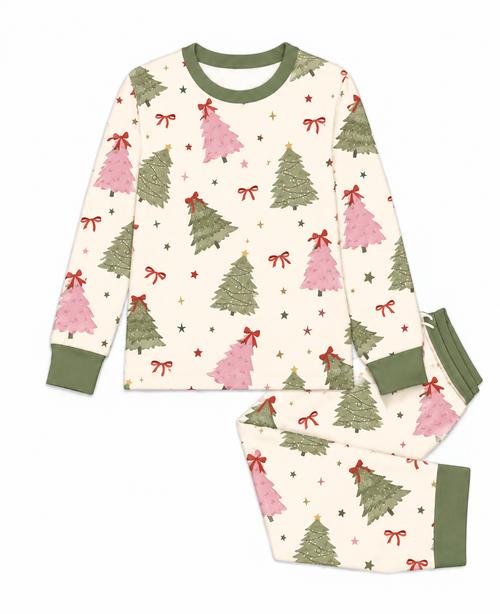 Flat lay of the Christmas Tree long sleeve bamboo pajama set: sage green and blush pink trees with red bows and tiny stars on cream
