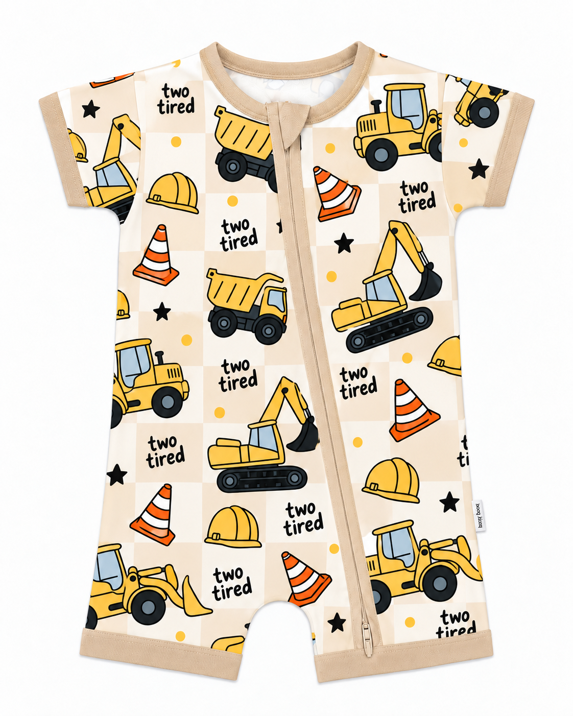 Two Tired Construction long sleeve bamboo zippy with yellow dump trucks and excavators on a cream checkerboard print