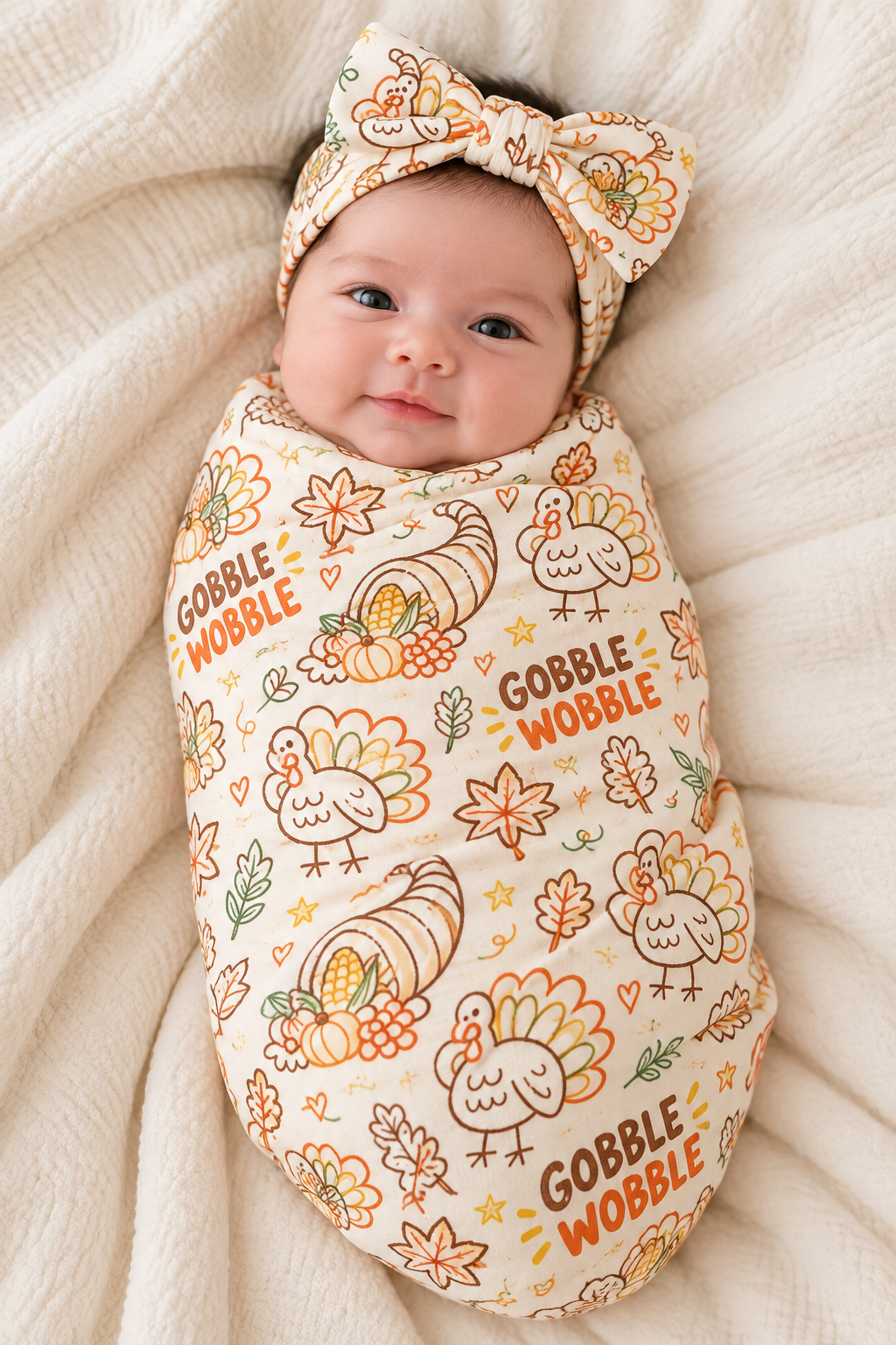 Smiling newborn wearing the Gobble Wobble bow headband, swaddled in the matching Thanksgiving turkey print