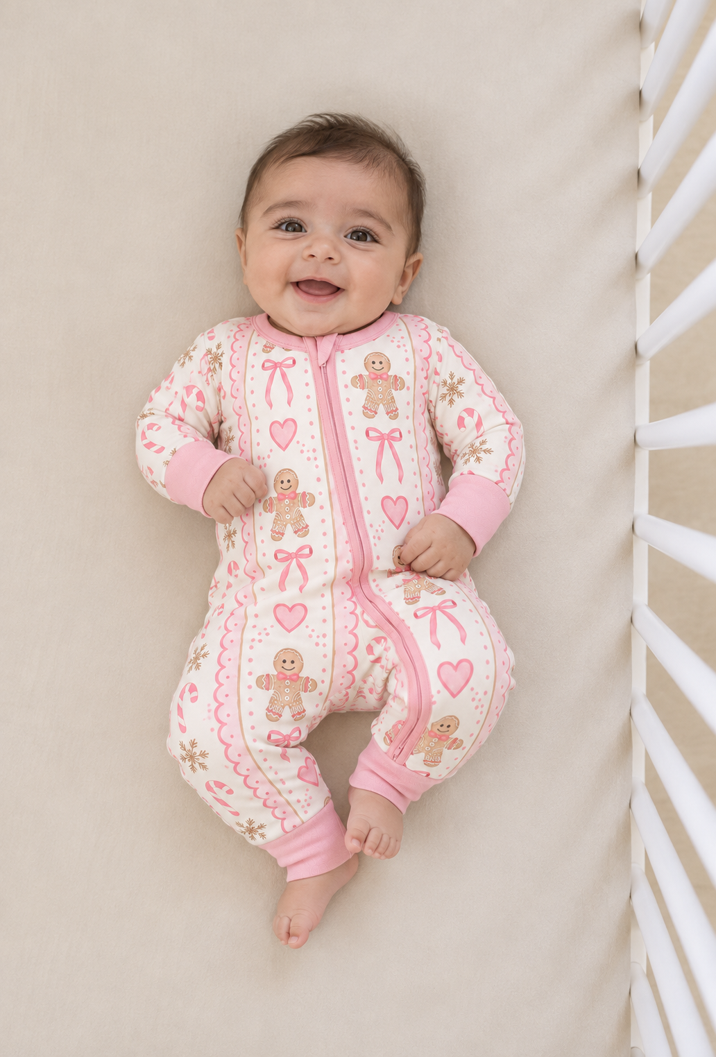 Smiling baby lying in a crib in the Pink Gingerbread long sleeve bamboo zippy with a pink zipper and pink cuffs