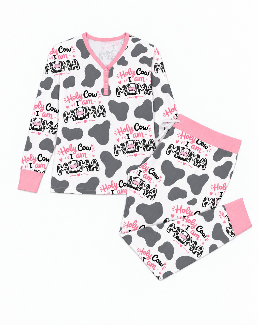 Flat lay of Holy Cow I'm Mama bamboo pajama set: long-sleeve henley with pink button placket and jogger pants in grey cow spots with pink waistband