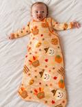 Baby in the Gobble Apples long sleeve bamboo sleep sack, turkey and scarecrow caramel apples on camel with orange trim