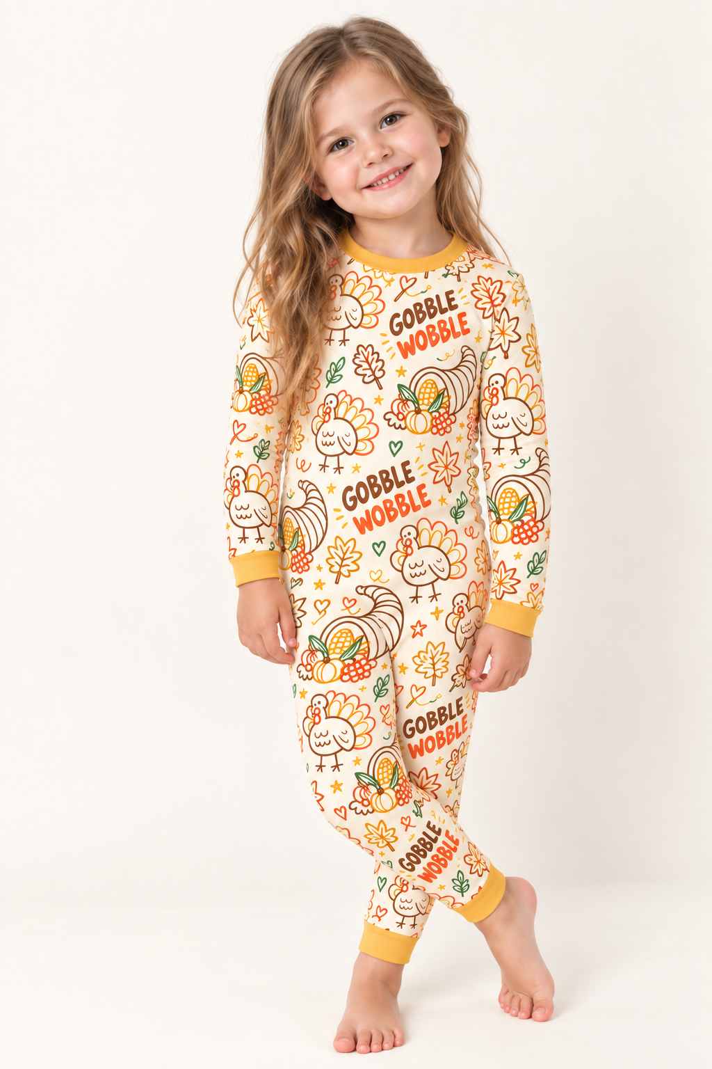 Girl standing in the Gobble Wobble long sleeve bamboo pajama set with turkeys, cornucopias, fall leaves and Gobble Wobble lettering on cream
