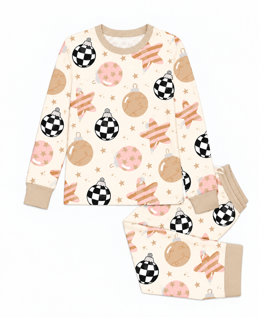 Flat lay of the Merry & Bright men's long sleeve bamboo pajama top and pants in cream Christmas ornament print