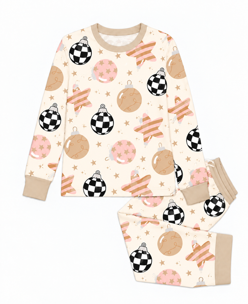 Flat lay of the Merry & Bright men's long sleeve bamboo pajama top and pants in cream Christmas ornament print