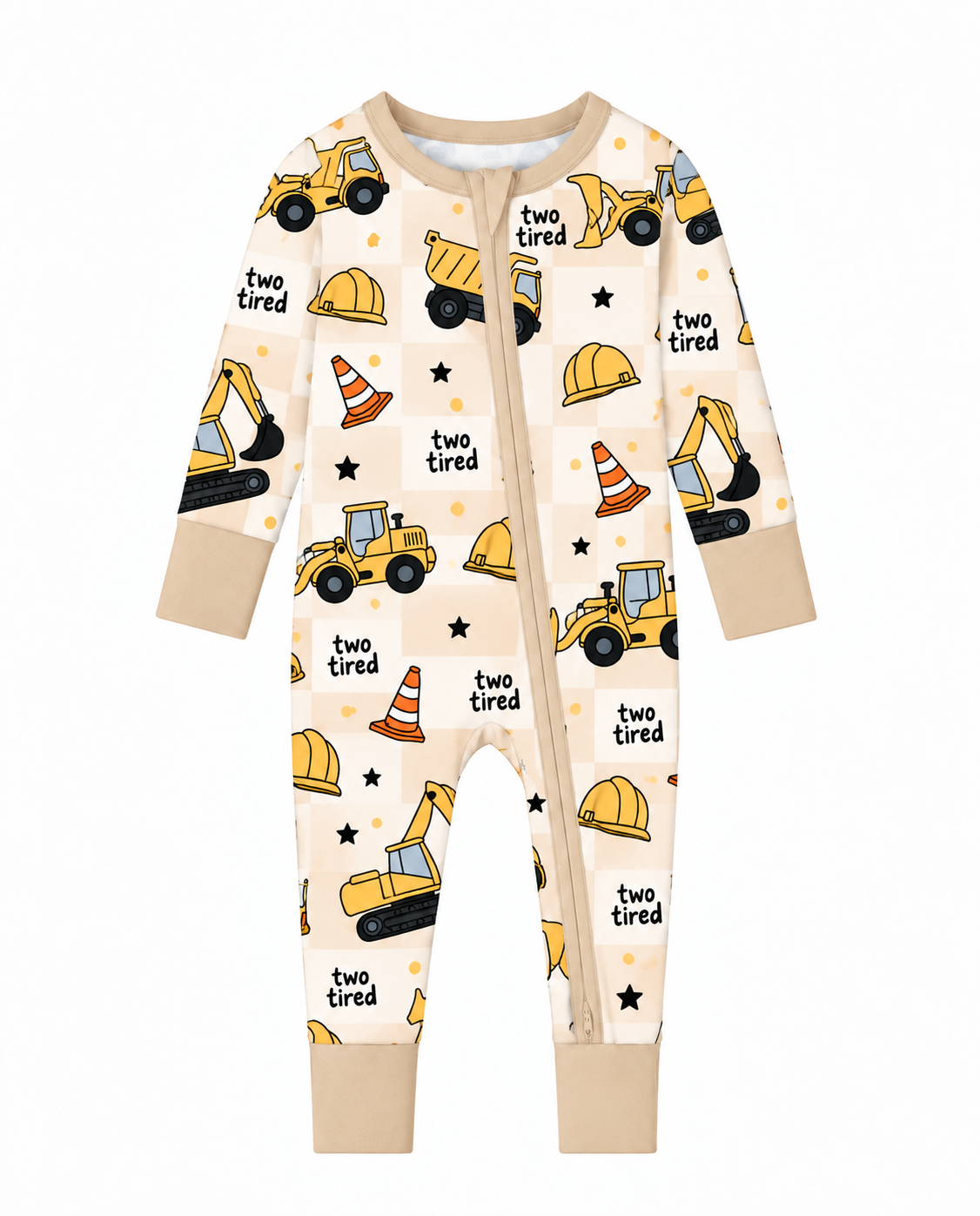 Two Tired Construction long sleeve bamboo zippy with yellow dump trucks and excavators on a cream checkerboard prin