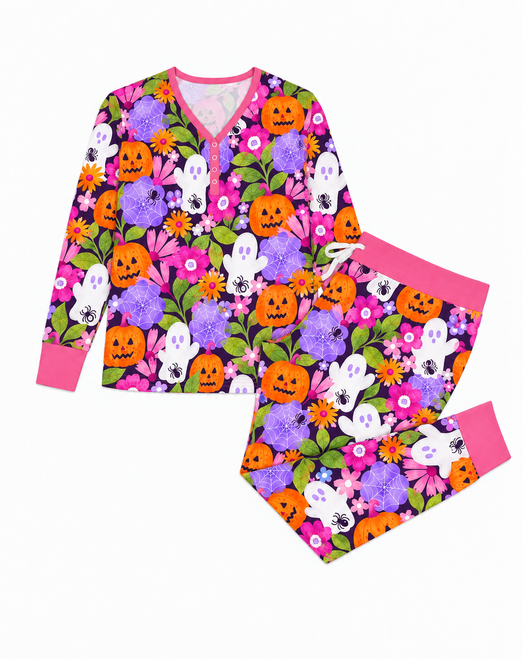 Flat lay of Pumpkin Garden women's bamboo pajamas — purple Halloween print top and pants with hot pink collar, cuffs and waistband