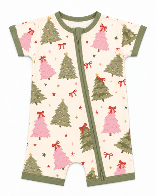 Flat lay of the Christmas Tree short sleeve bamboo zippy romper with a sage green two-way zipper and sage trim at the neck, sleeves and legs
