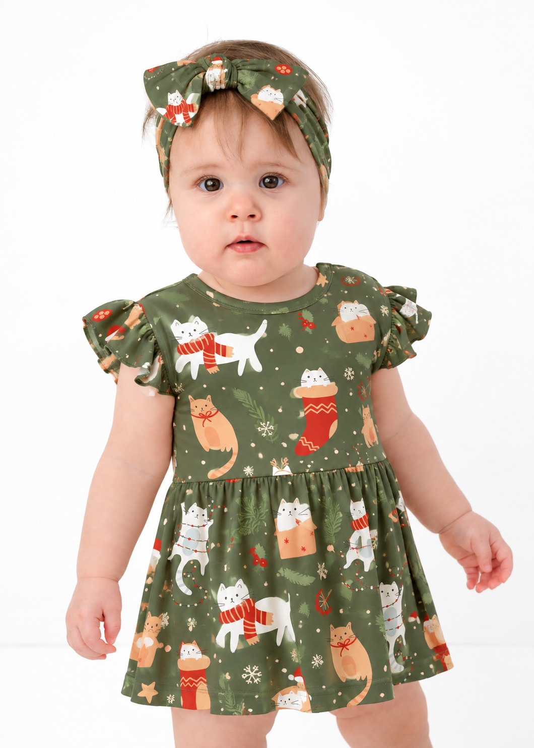 Meowy Christmas Flutter Sleeve Bamboo Dress