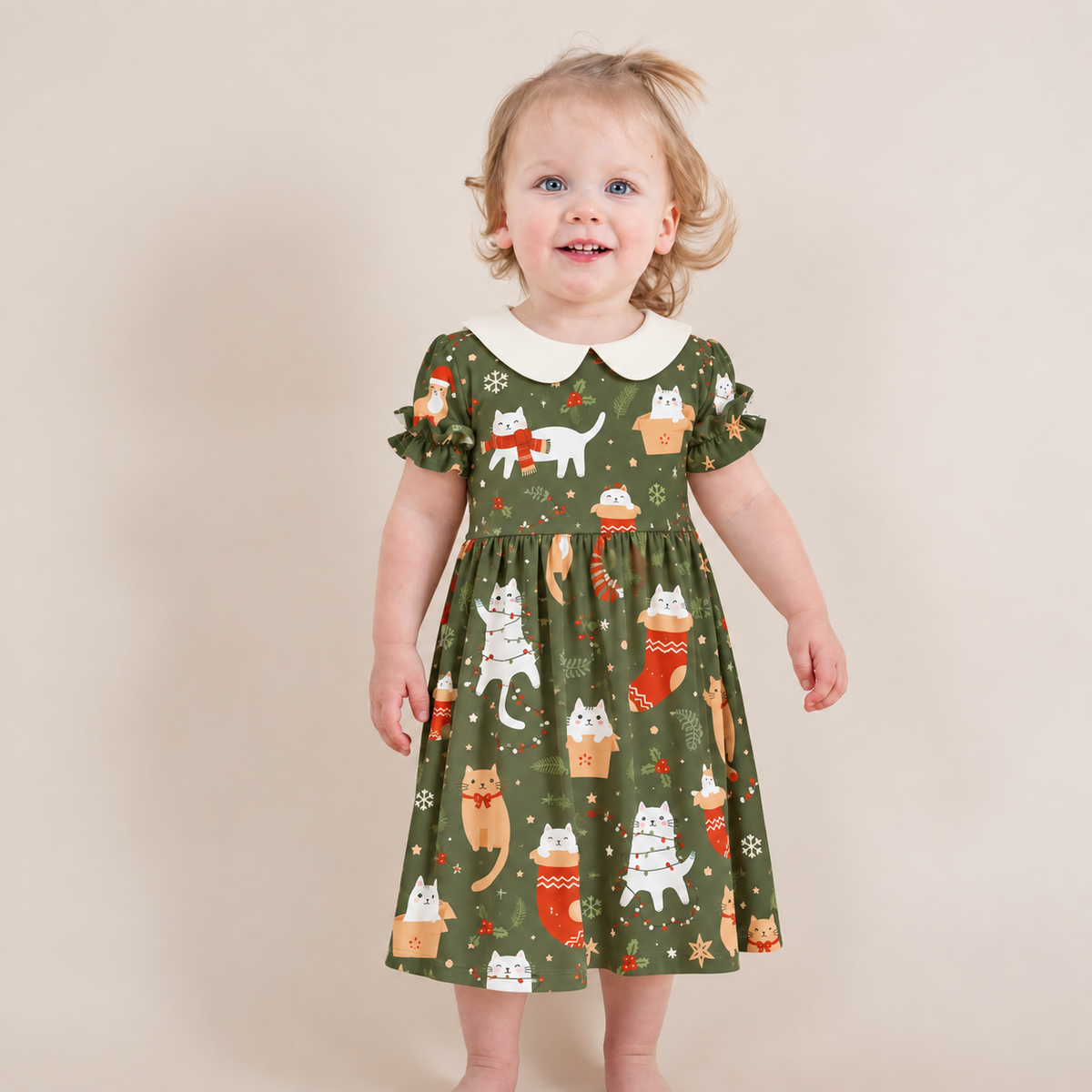 Meowy Christmas Peter Pan Collar Bamboo Dress
