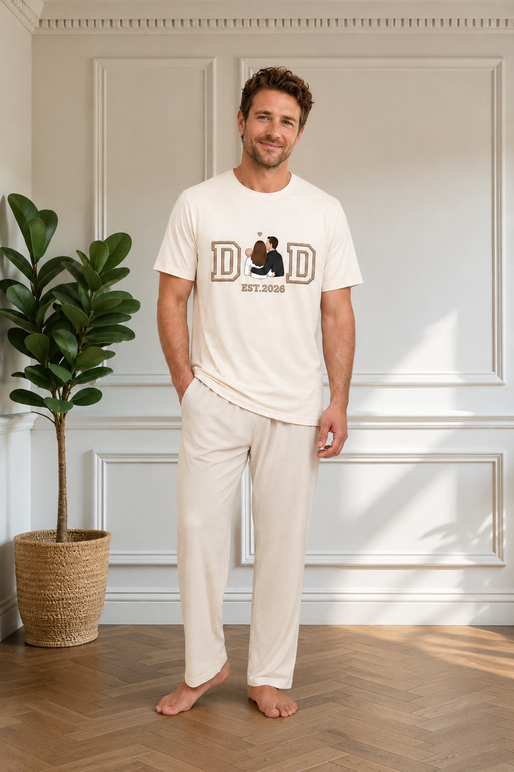 Dad wearing Personalised Embroidery Bamboo Tee with family photo and year embroidered on chest — Joey Bamboo