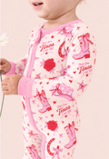 Little Texan long sleeve bamboo zippy romper with cowgirl boots and lone star western print