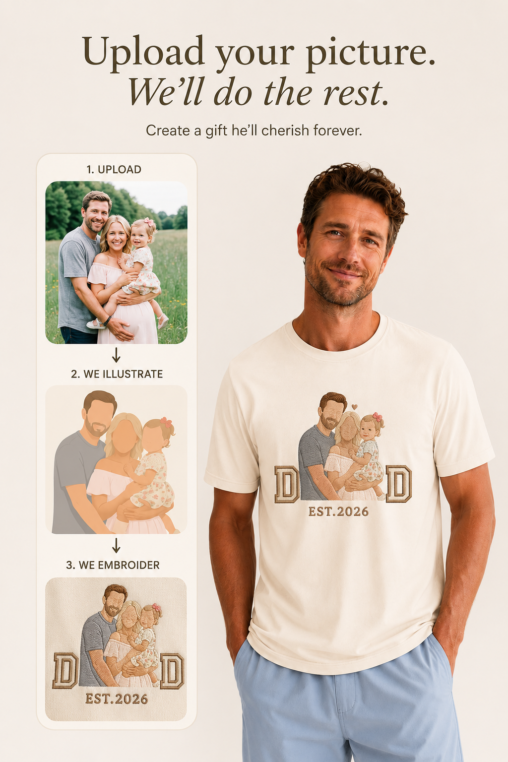 Close-up of embroidered family photo and year on Men's Personalised Bamboo Tee — Joey Bamboo