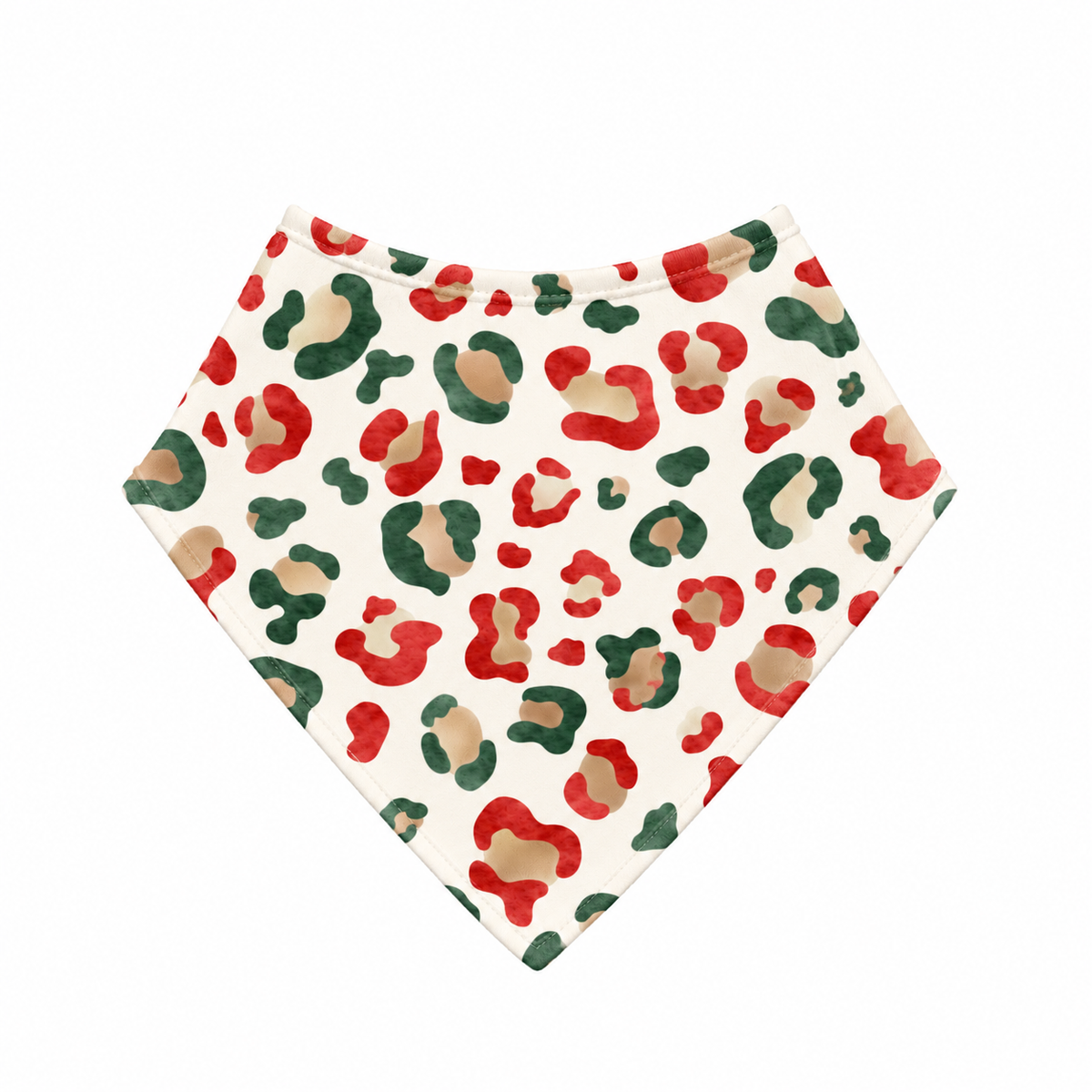 Christmas Leopard bamboo bandana bib laid flat, with red, green and gold leopard spots on cream and a cream bound neckline