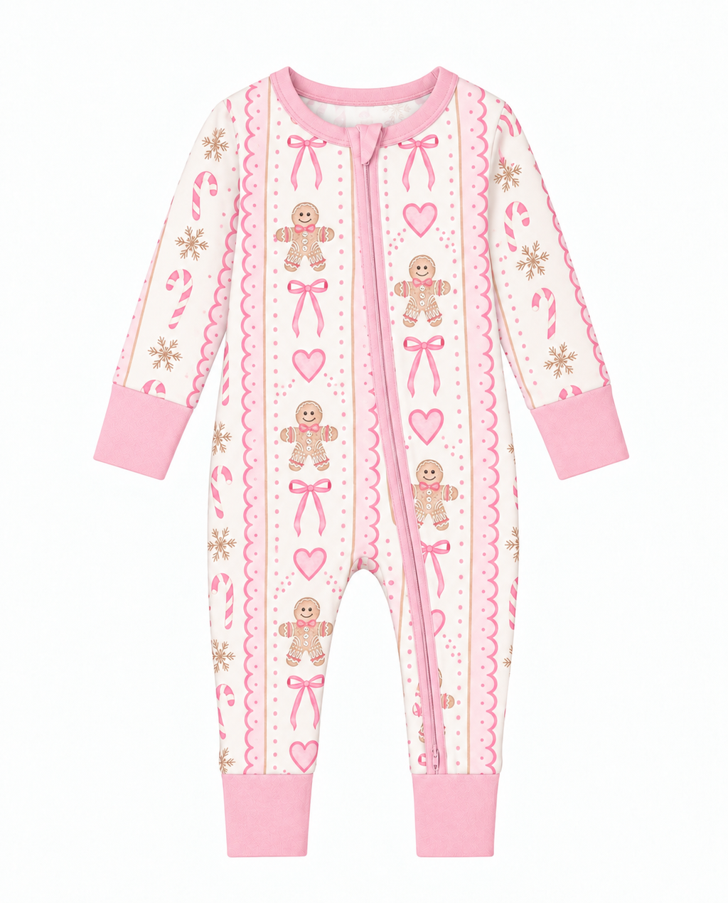 Pink Gingerbread bamboo zippy romper flat lay with gingerbread men, pink bows, hearts and candy canes on cream and a pink two-way zip