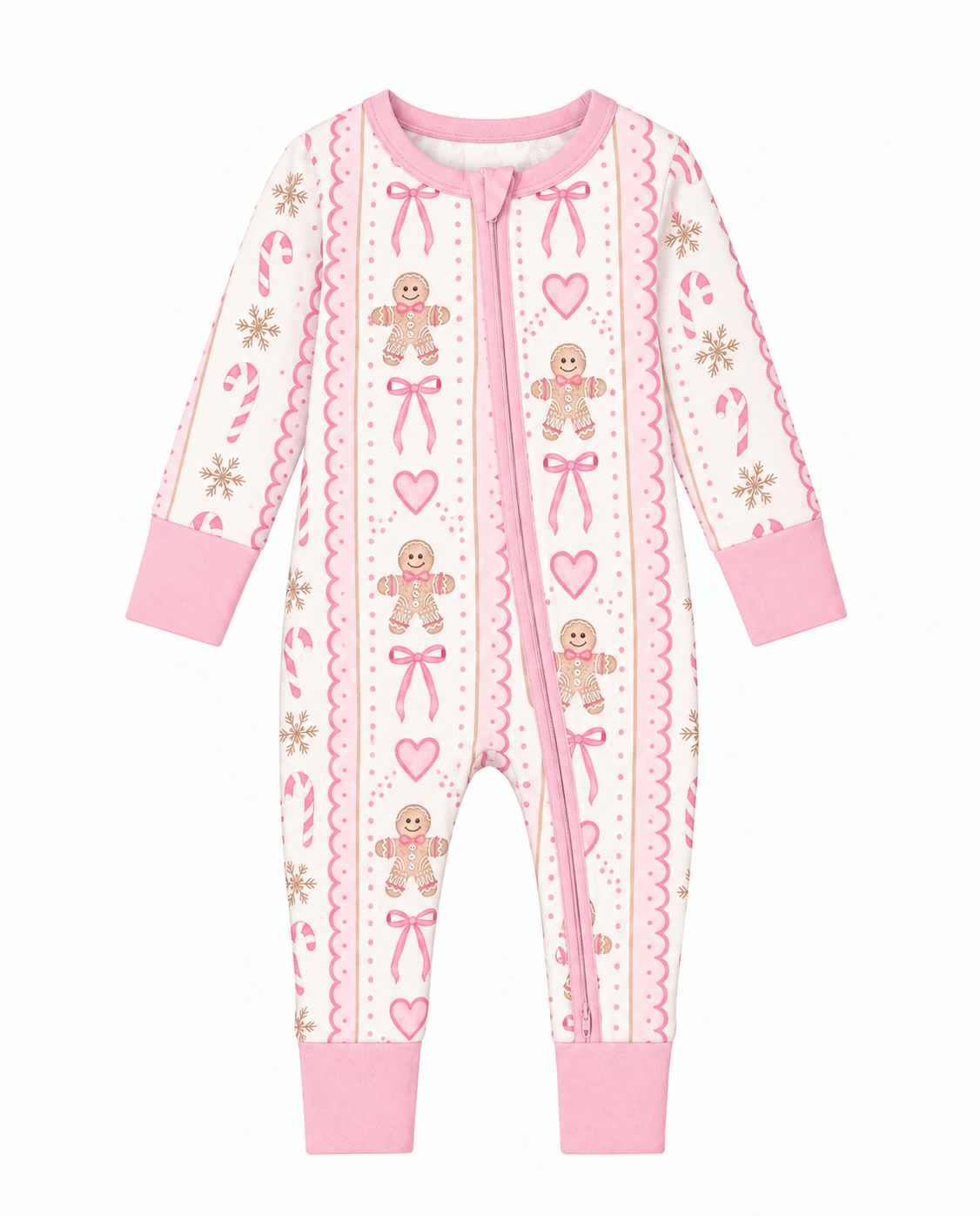 Pink Gingerbread bamboo zippy romper flat lay with gingerbread men, pink bows, hearts and candy canes on cream and a pink two-way zip