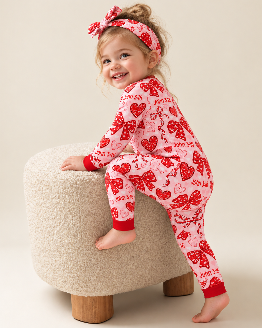 Smiling toddler girl in the John 3:16 long sleeve bamboo zippy with red bows, hearts and verse on blush pink, red two-way zipper and cuffs