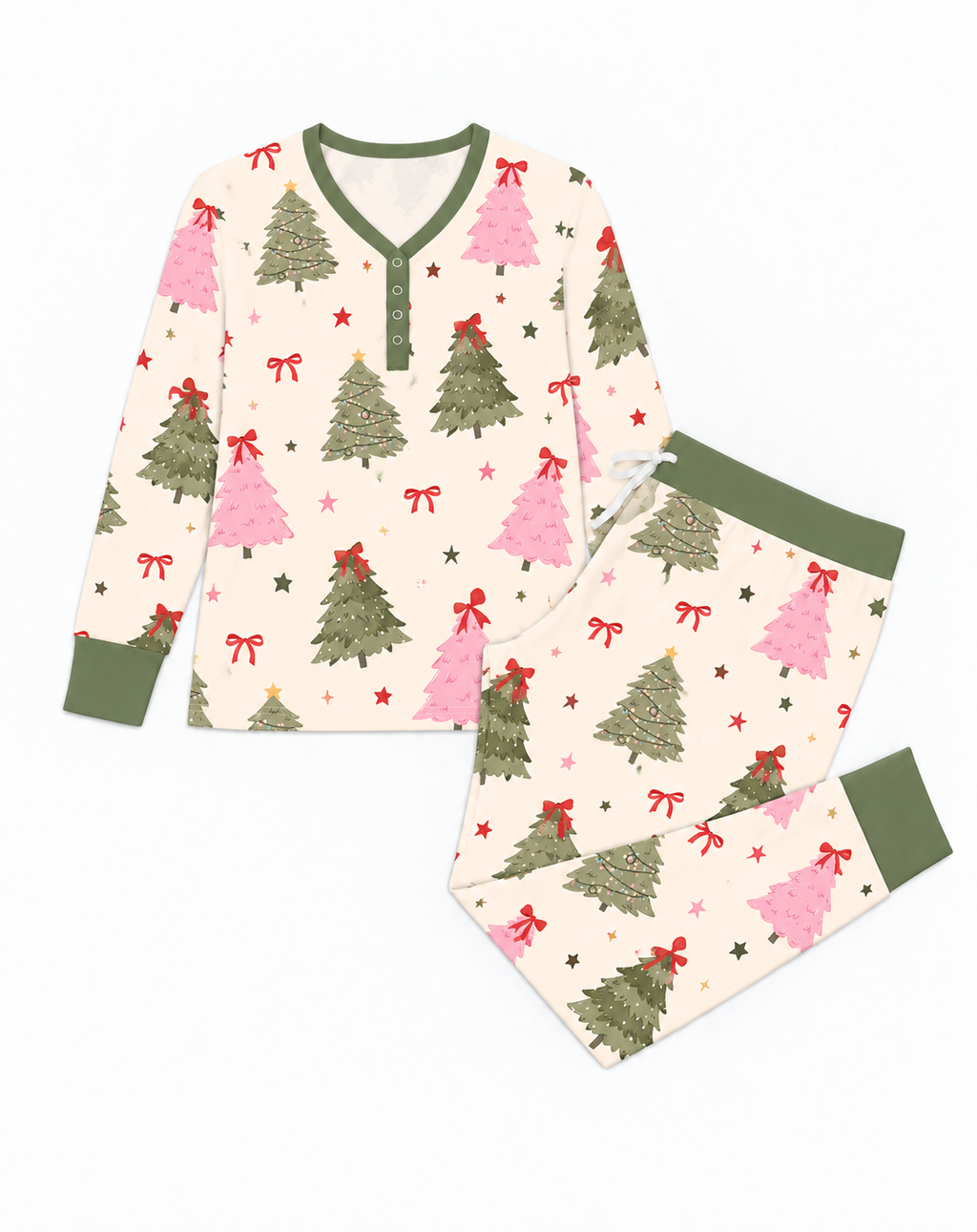 Flat lay of the Christmas Tree women's bamboo henley top and jogger pants, pink and green trees on cream with sage trim
