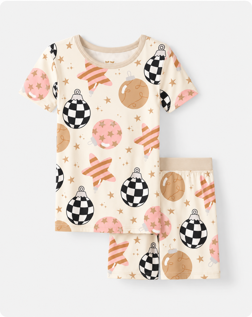 Flat lay of the Merry & Bright short sleeve tee and shorts in cream bamboo, with a beige crew neck and wide beige waistband.