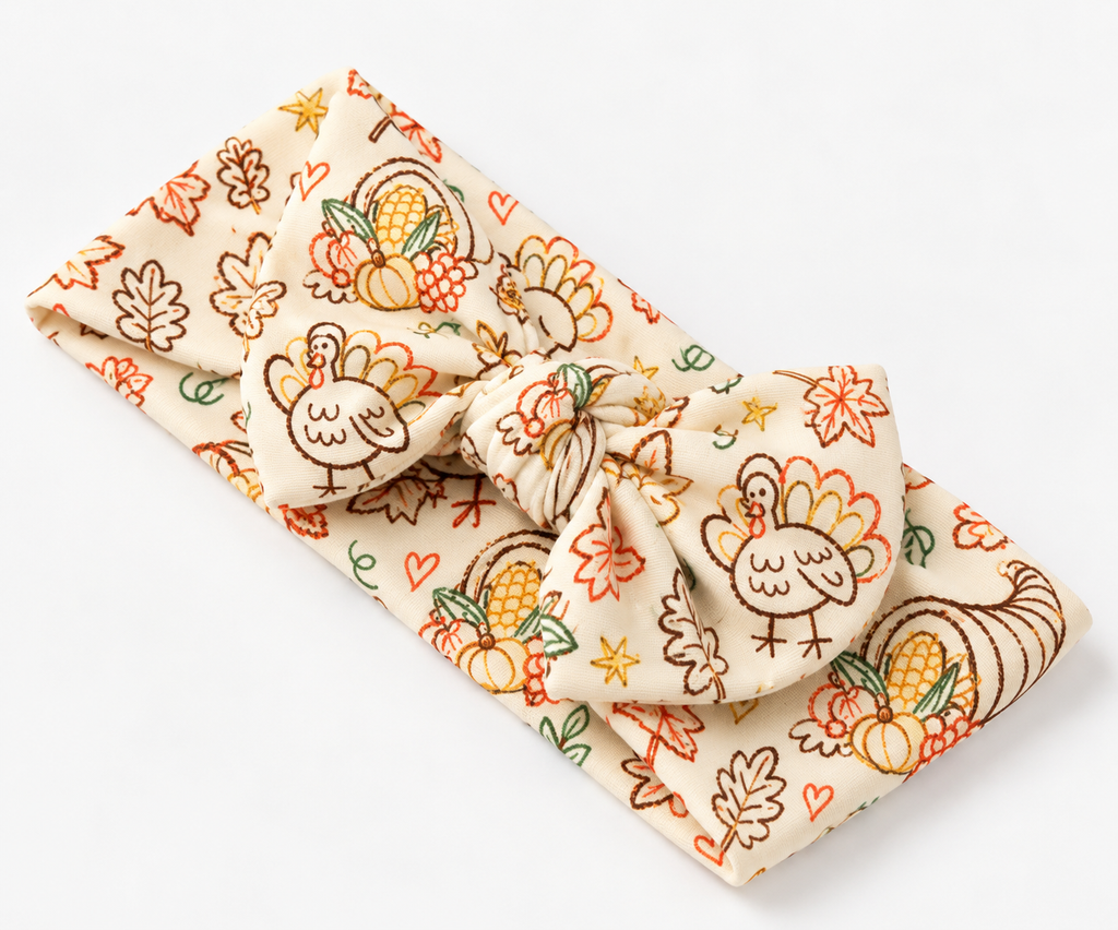 Gobble Wobble bamboo bow headband with a big top-knot bow, doodled turkeys, cornucopias and fall leaves on cream