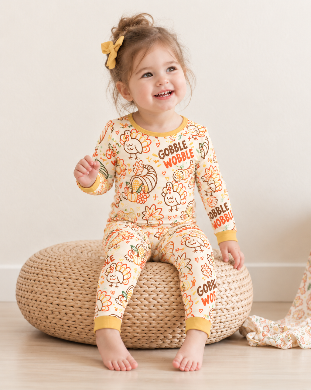 Smiling toddler girl sitting on a woven pouf in Gobble Wobble long sleeve bamboo pajamas, a cream turkey print with mustard cuffs and ankle bands
