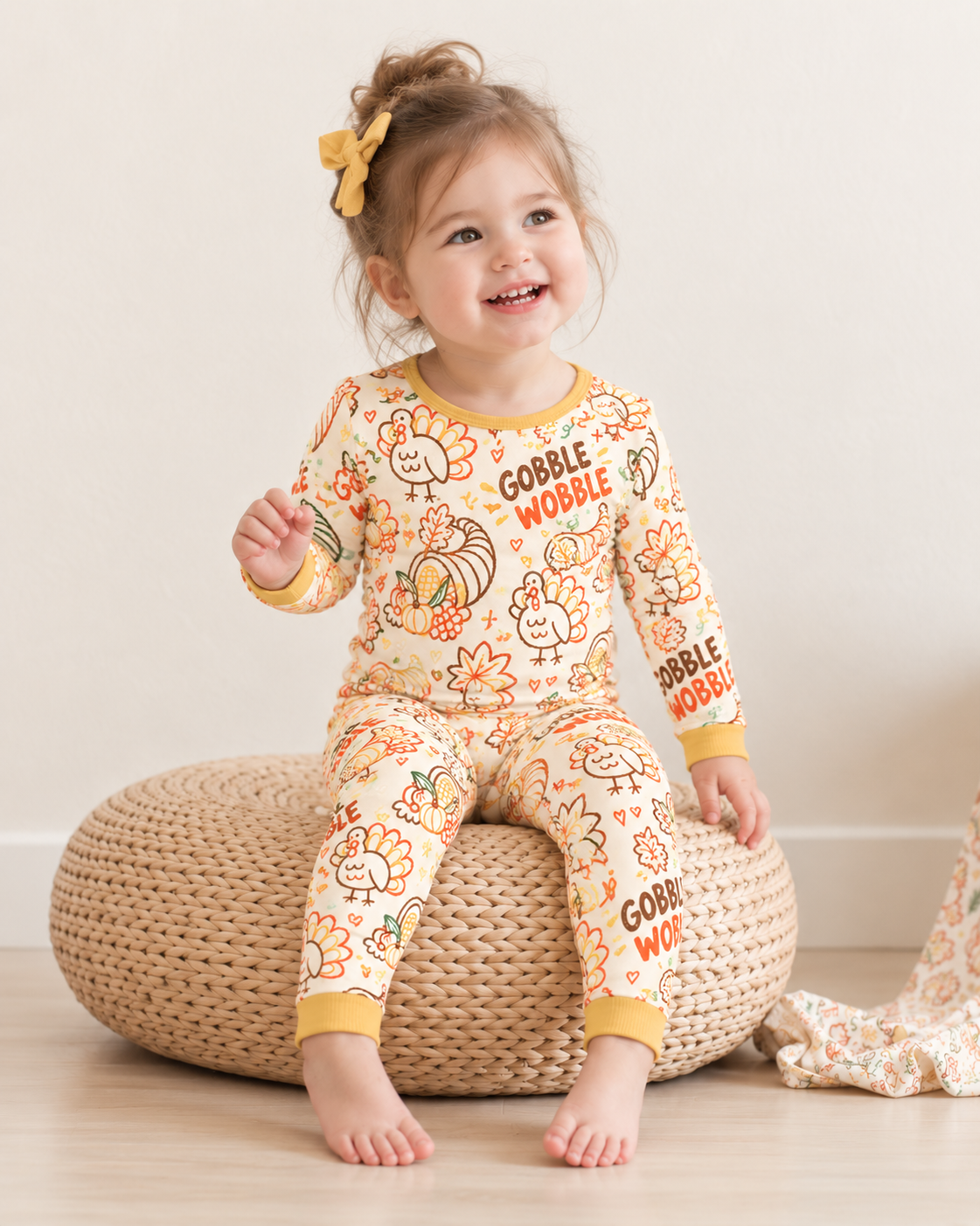 Smiling toddler girl sitting on a woven pouf in Gobble Wobble long sleeve bamboo pajamas, a cream turkey print with mustard cuffs and ankle bands