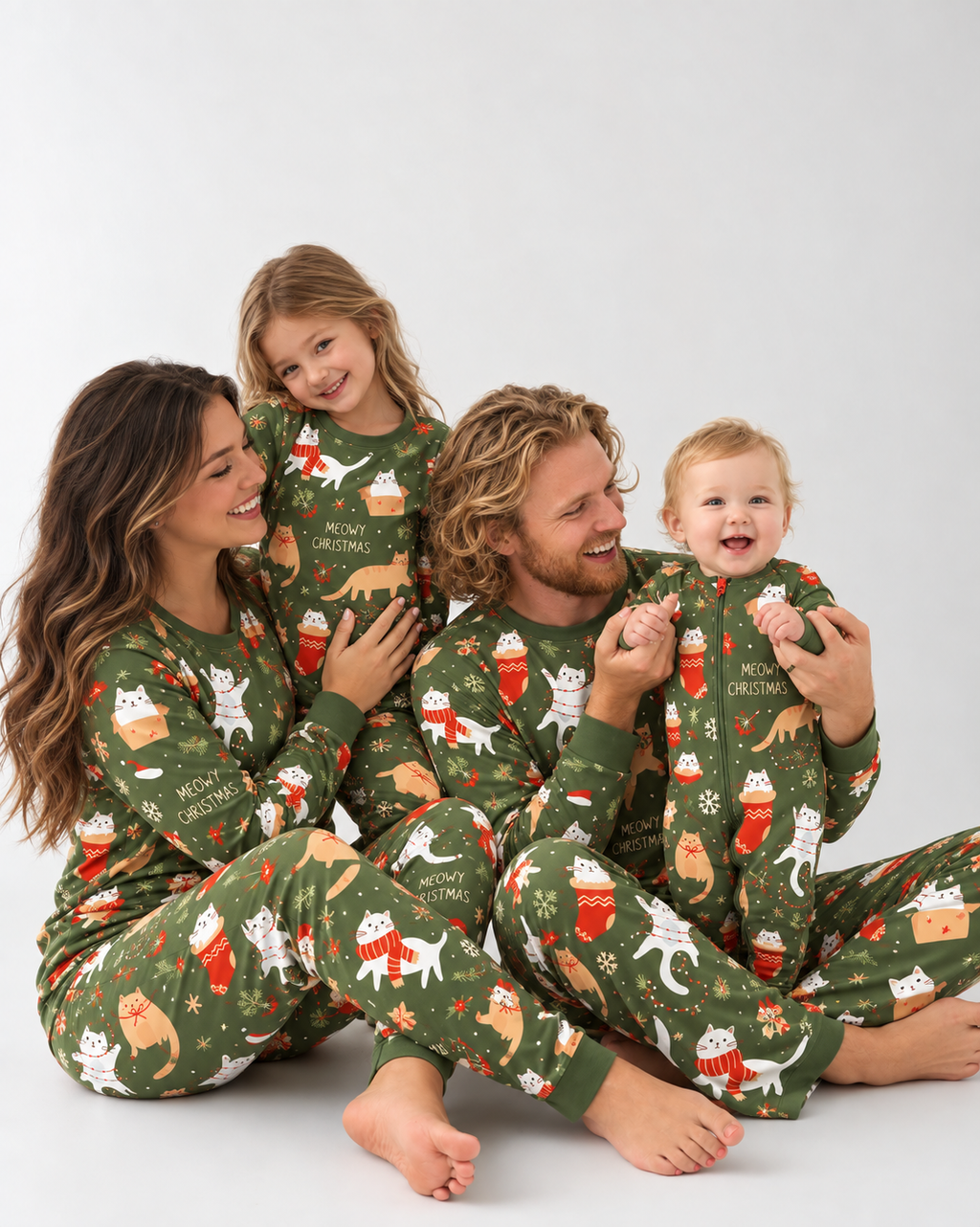 Mom, dad, daughter and baby in matching Meowy Christmas bamboo pajamas with Christmas cats on olive green
