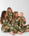 Mom, dad, daughter and baby in matching Meowy Christmas bamboo pajamas with Christmas cats on olive green